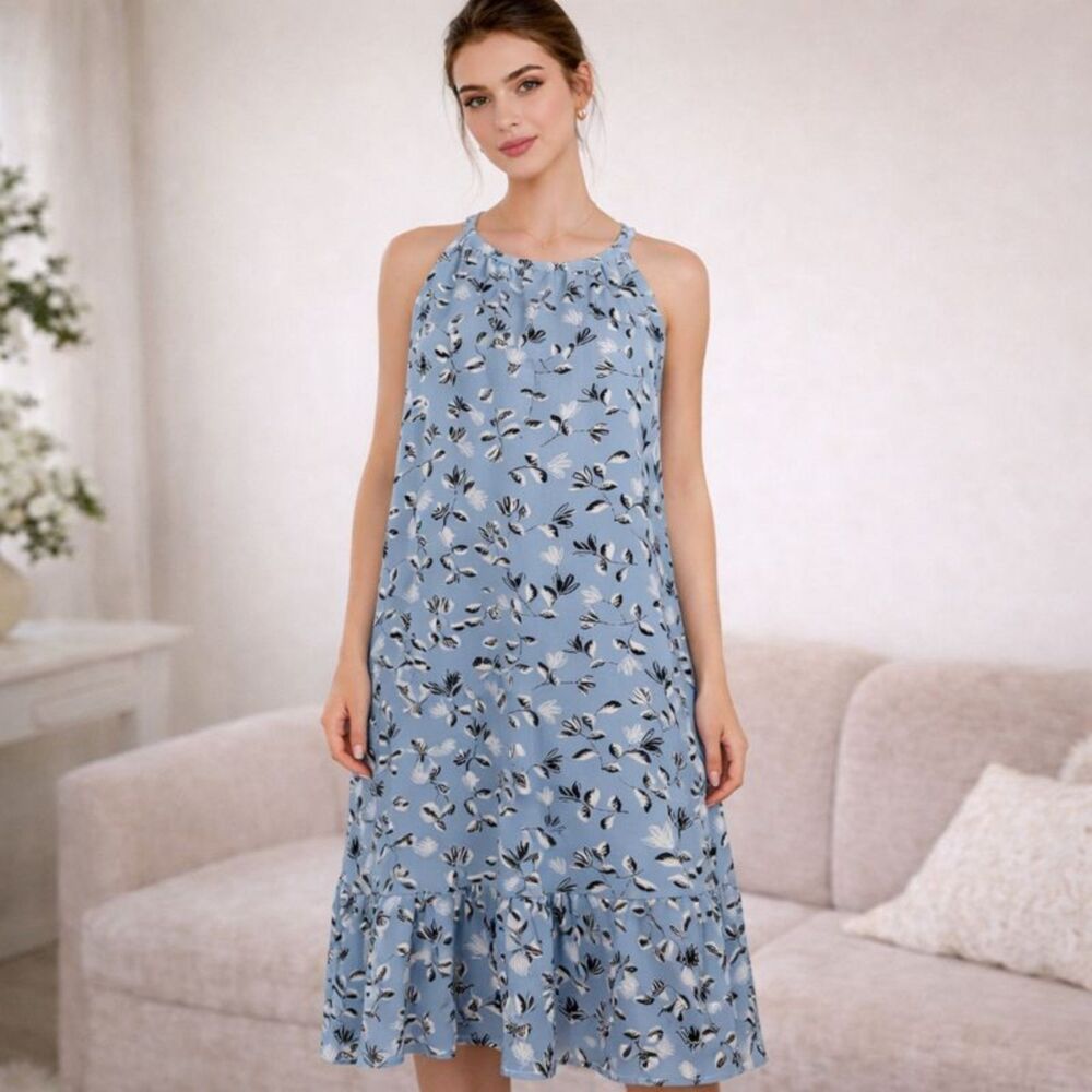 J Jill Floral Halter Mini Dress XS Lined Sleeveless Peplum Soft Elegance Blue